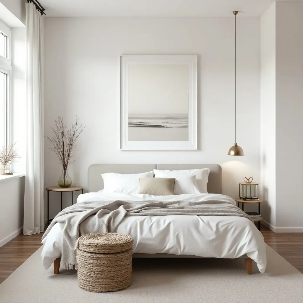 a photo of a light-filled bedroom with Scandinavian design and a mix of textures