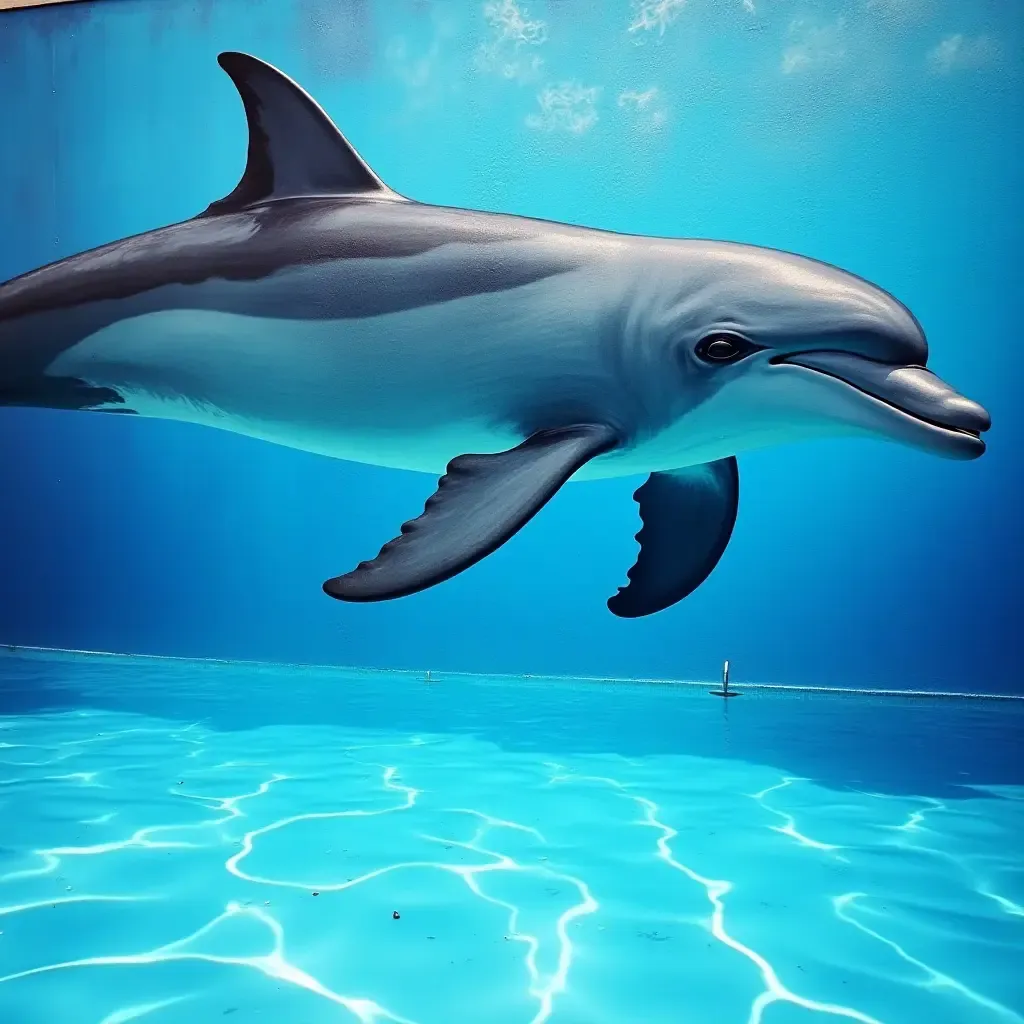 a photo of a playful dolphin mural swimming near the pool