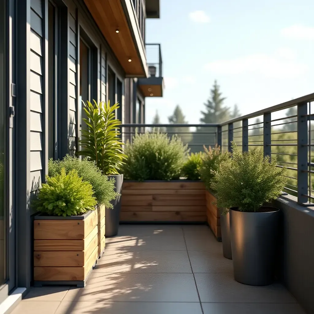 a photo of a balcony with a combination of wood and metal planters