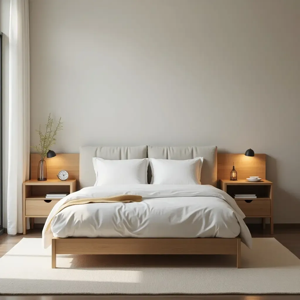 a photo of a bed with built-in side tables and storage compartments