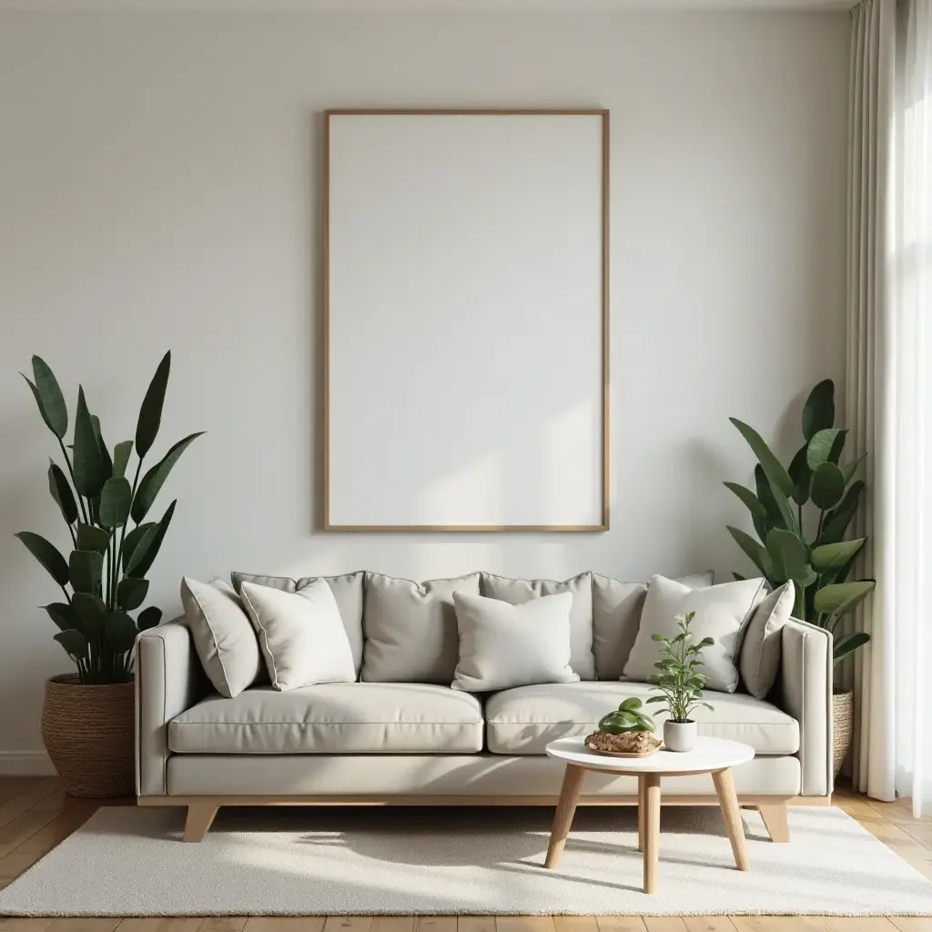 a photo of a modern living room with a snake plant