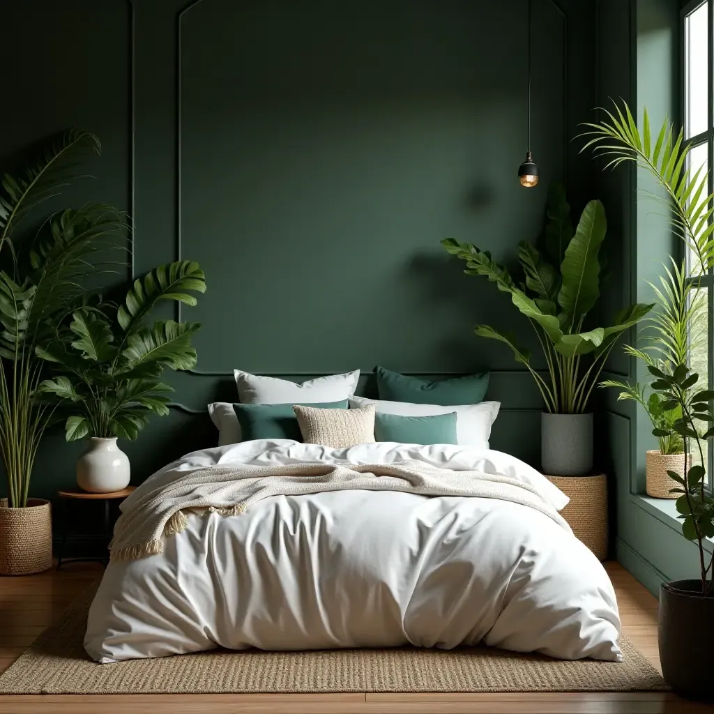 a photo of a bed surrounded by leafy plants