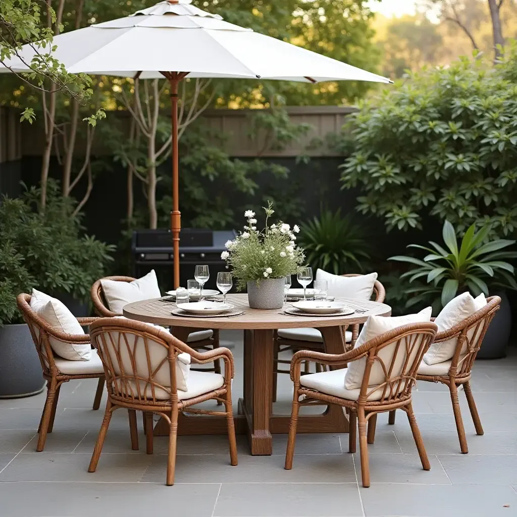 a photo of a chic outdoor dining setup on a 12x12 patio