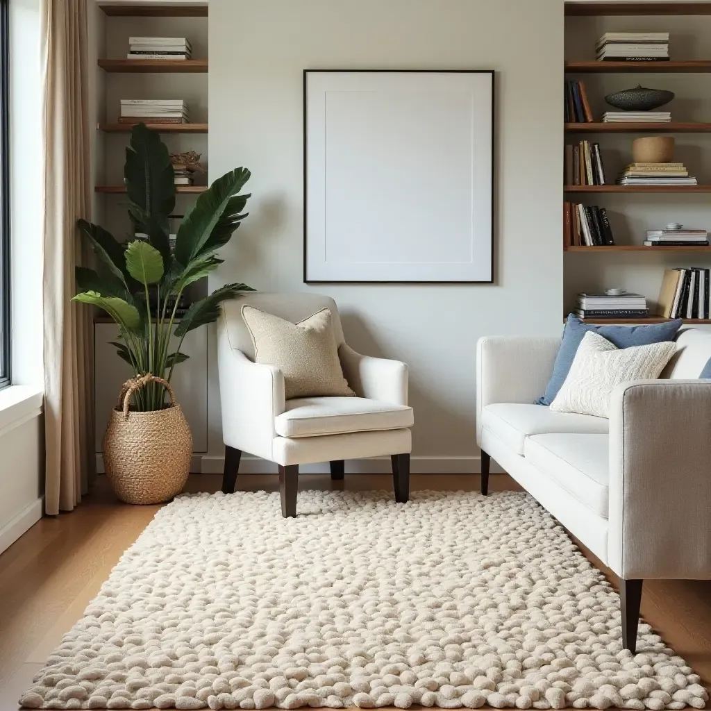 a photo of a natural fiber rug with a beach vibe in a coastal library