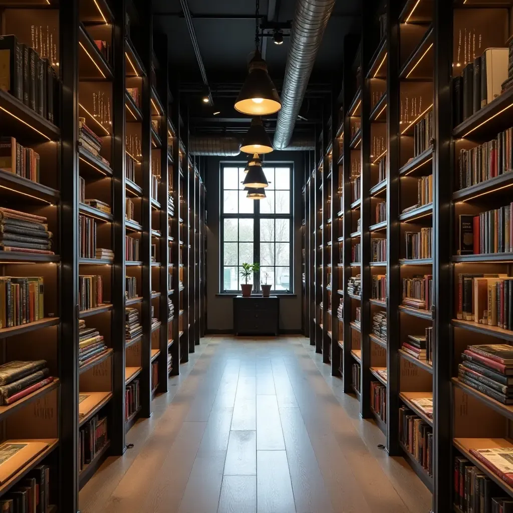 a photo of a library featuring industrial-style metal shelving