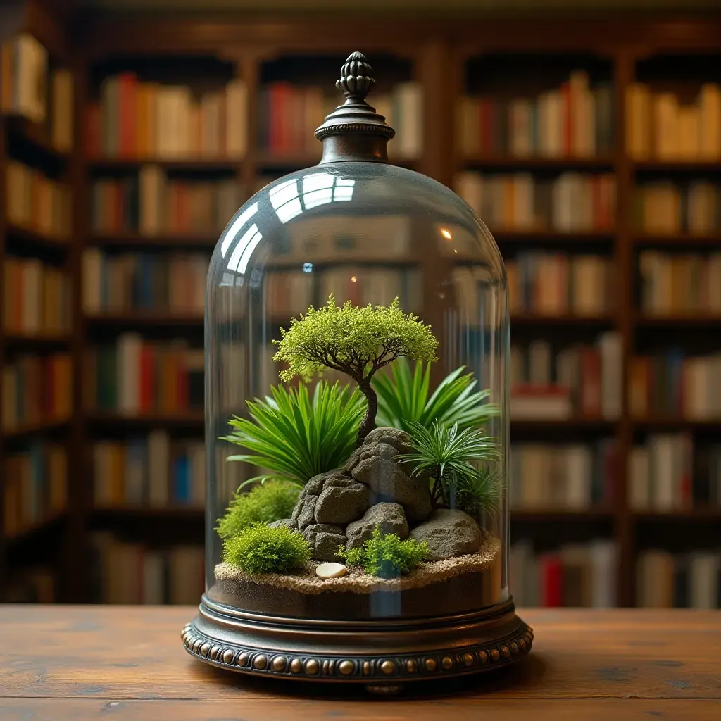 a photo of a library with a decorative terrarium display