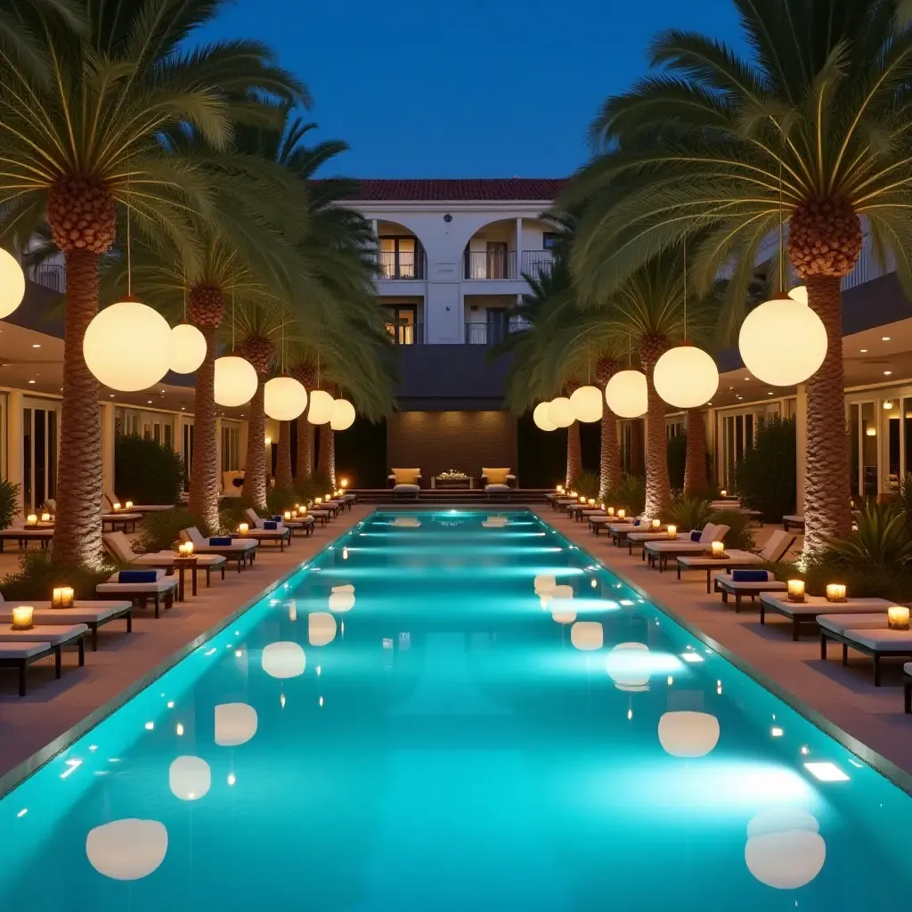 a photo of a lavish pool area with oversized pendant lighting fixtures