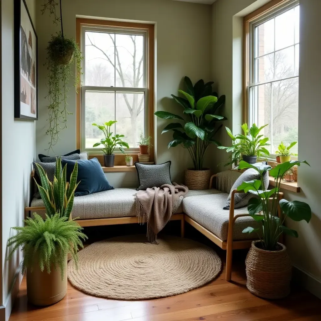 a photo of a stylish basement nook filled with potted succulents