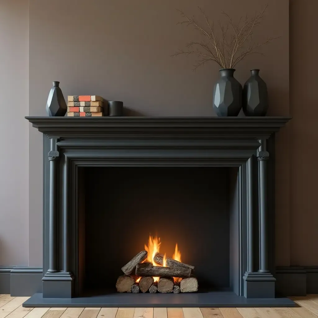 a photo of a stylish black fireplace mantel with geometric shelves