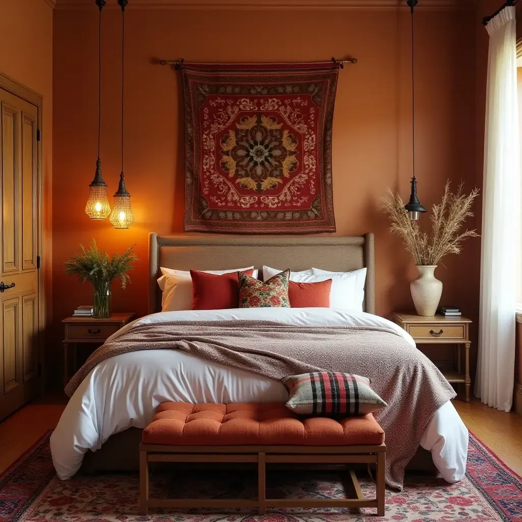 a photo of a bedroom featuring a mix of ethnic textiles and warm colors