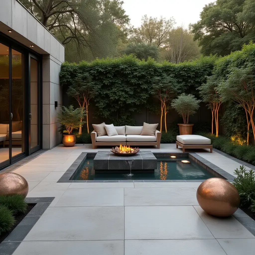 a photo of a sophisticated outdoor space with metallic decor and water features