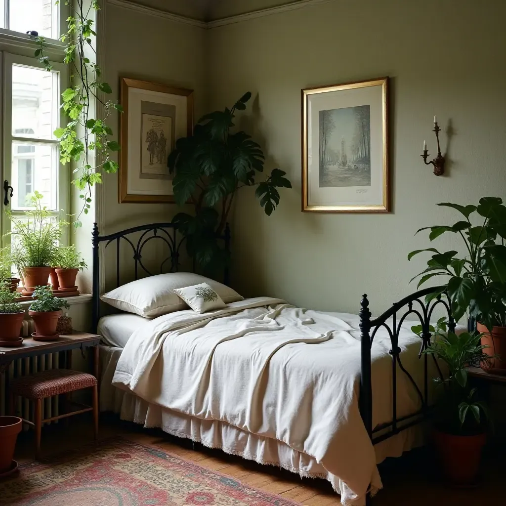 a photo of a vintage bedroom with antique plant pots and greenery