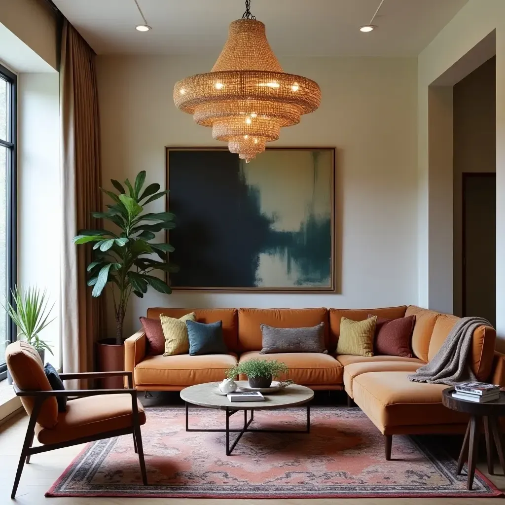 a photo of a bohemian-style living room featuring a statement chandelier