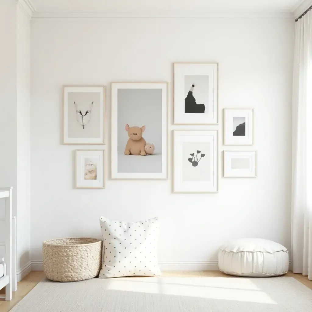 a photo of a nursery gallery wall with a blend of photography and art