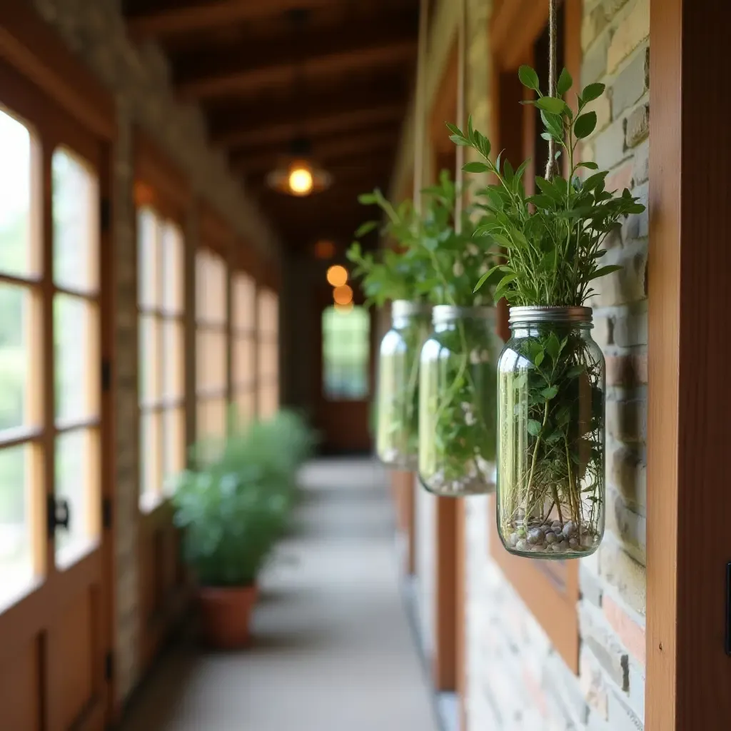 a photo of a rustic hallway with hanging mason jars filled with herbs