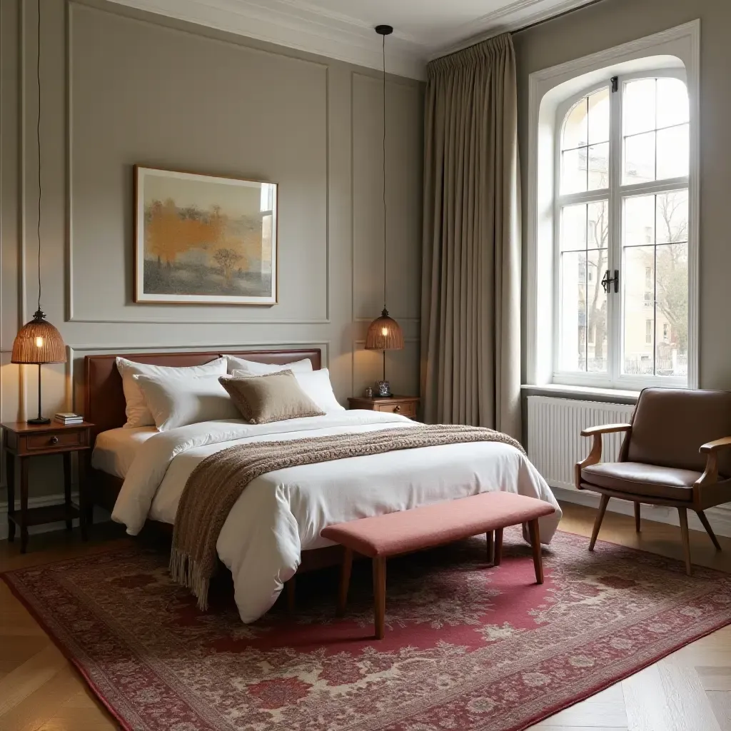 a photo of a cozy bedroom with a vintage rug complementing modern furniture