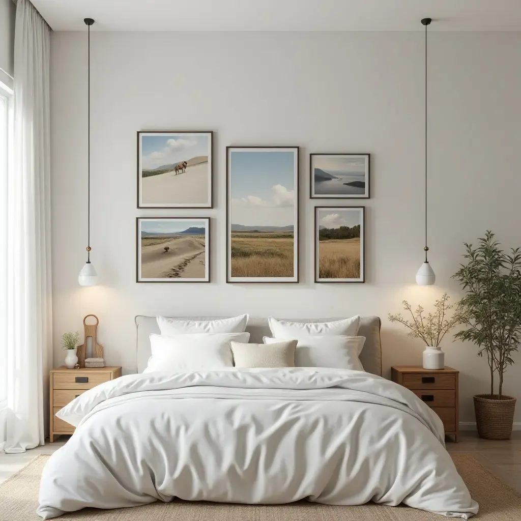 a photo of a peaceful bedroom with a gallery wall of inspirational landscapes