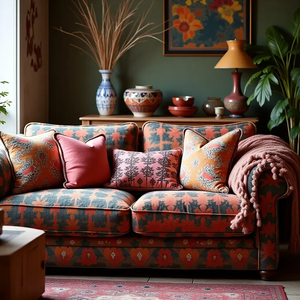 a photo of a vibrant bohemian sofa adorned with patterned pillows