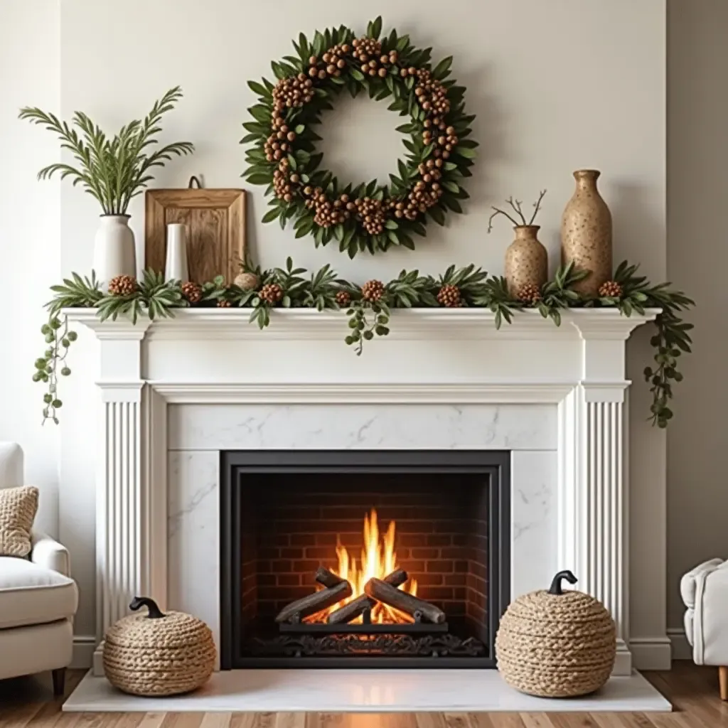 a photo of a fireplace mantel styled with seasonal decorations