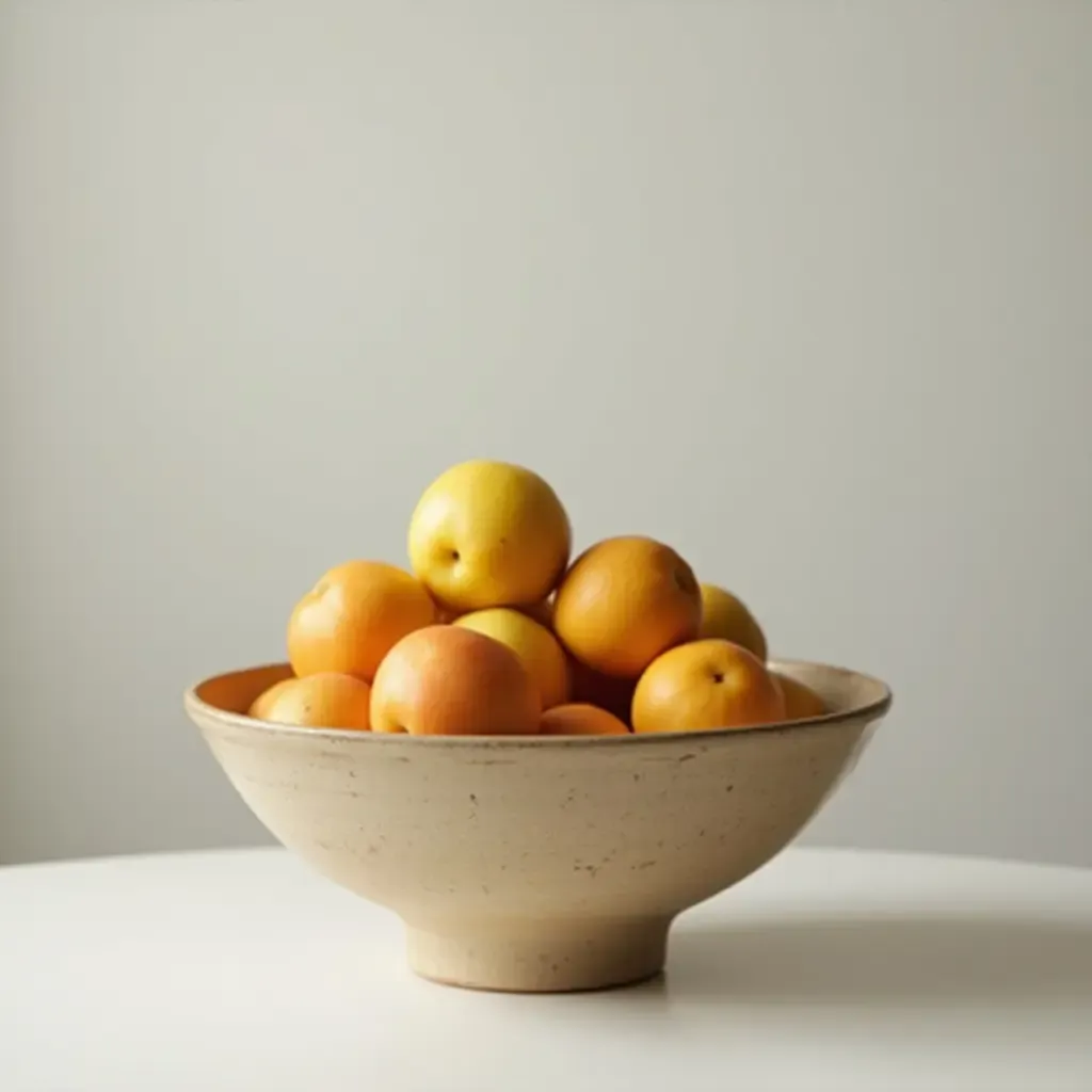 a photo of a vintage fruit bowl on a minimalist table