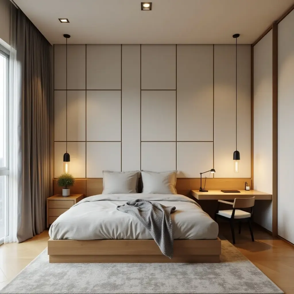 a photo of a contemporary shared bedroom with a dual-purpose bed and desk combo