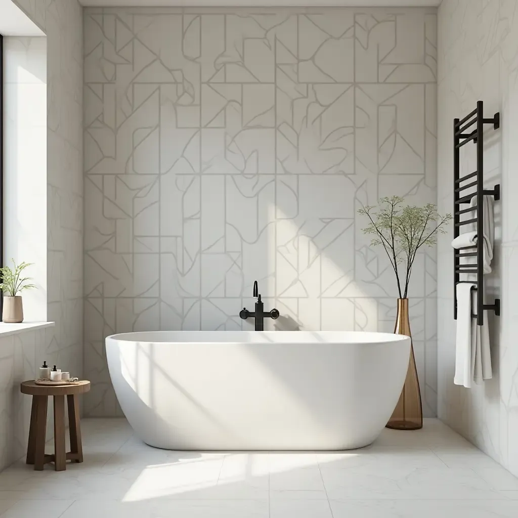 a photo of a modern bathroom with geometric tiles and minimal fixtures