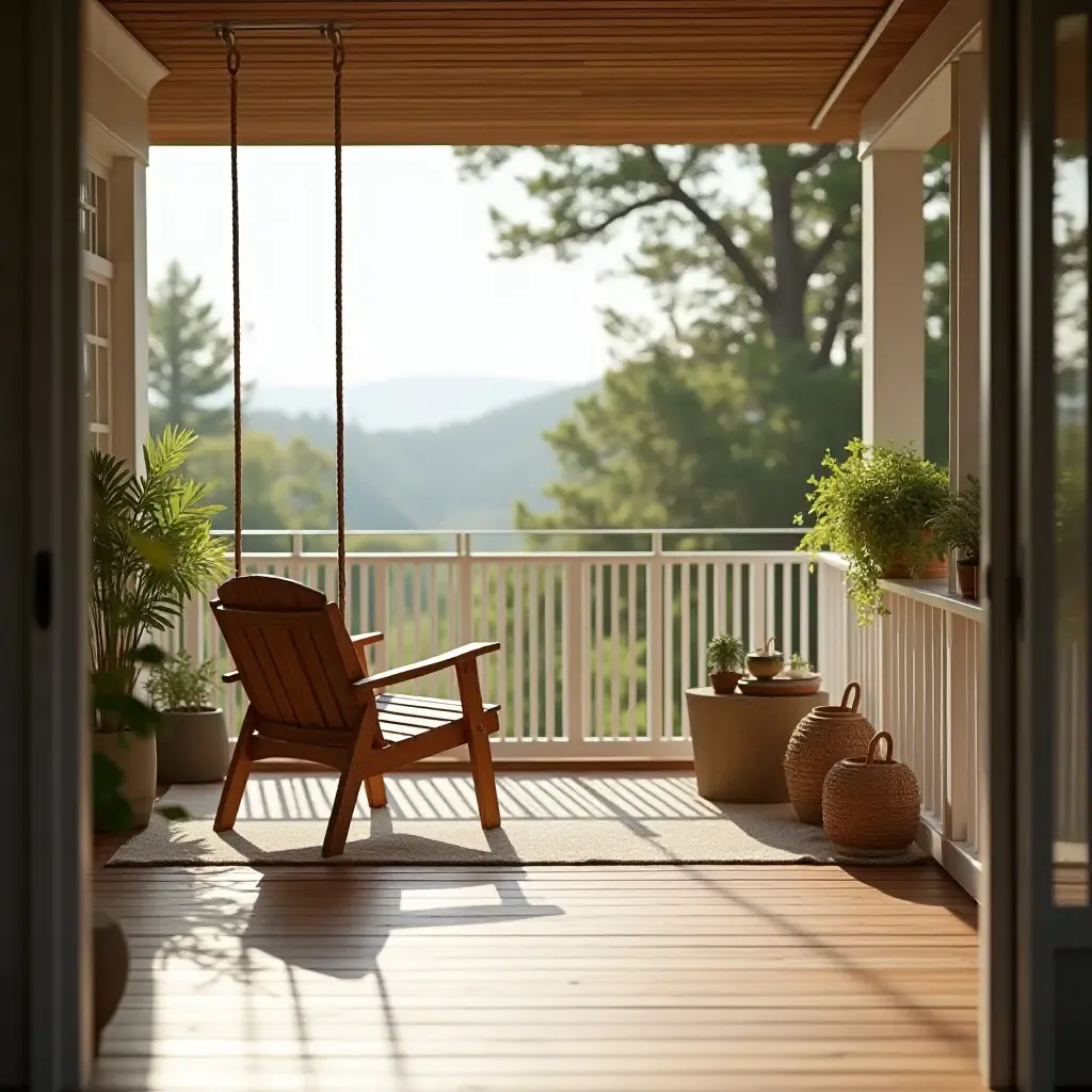 a photo of a wooden swing chair on a sunny balcony