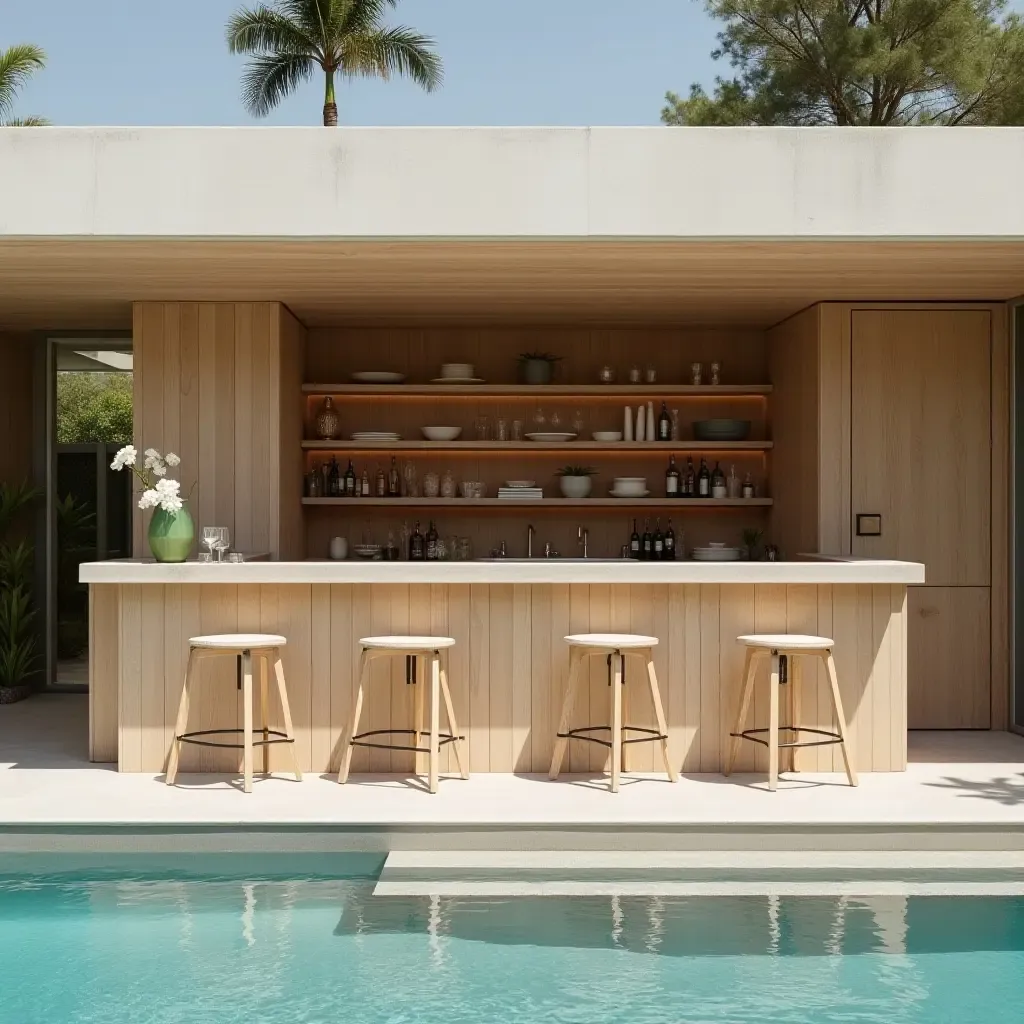 a photo of a chic poolside bar with light wood finishes and minimalistic decor