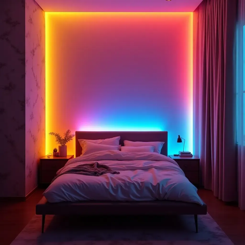 a photo of a vibrant colored wall with LED lights behind a bed in a contemporary bedroom