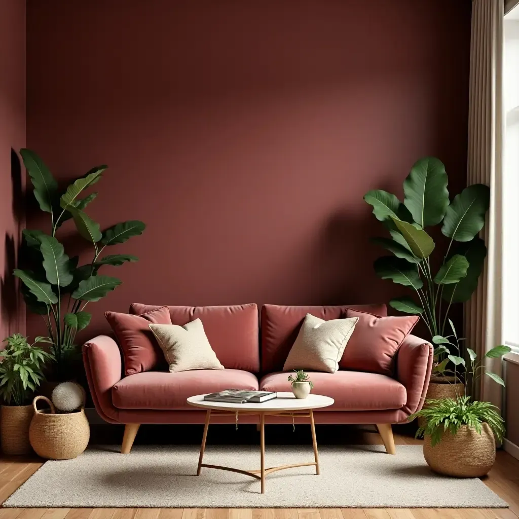 a photo of a maroon living room adorned with lush greenery and natural wood elements