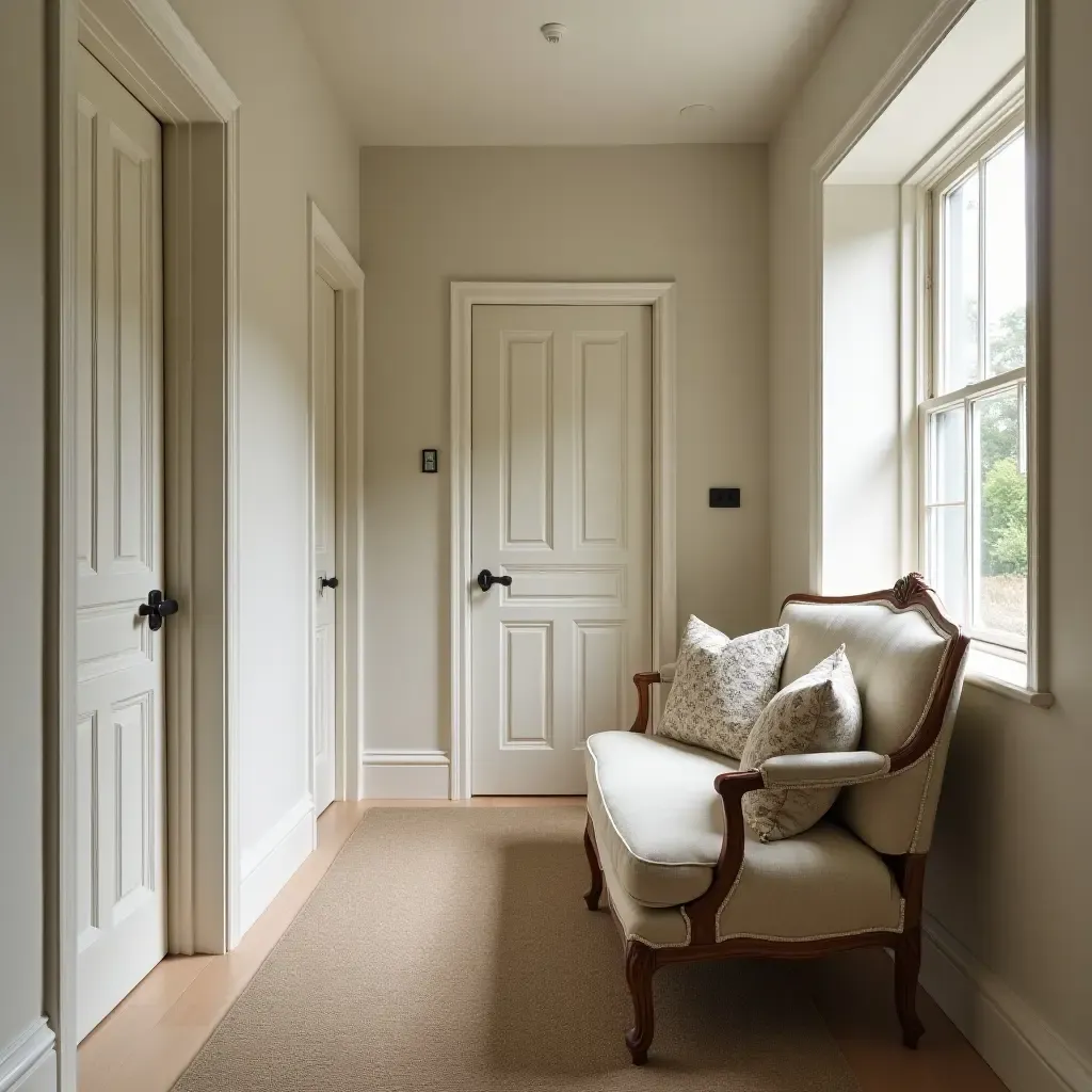 a photo of a charming corridor with a vintage settee and pillows