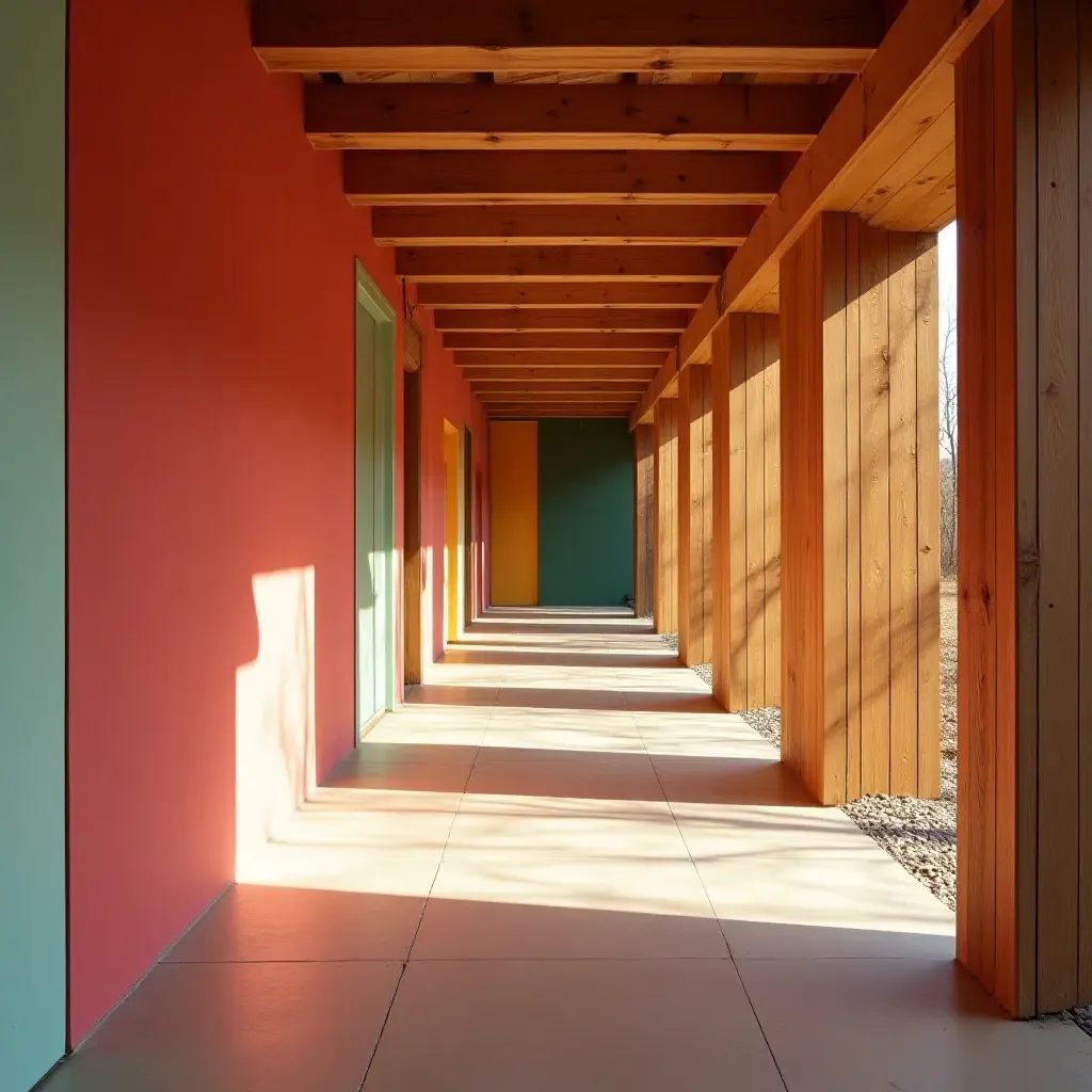 a photo of a corridor with wooden beams and colorful accents