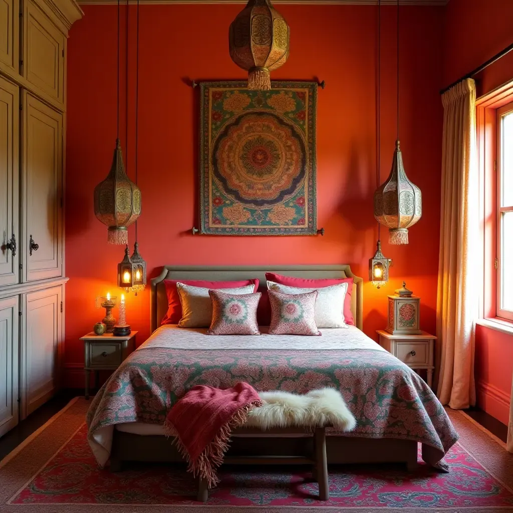 a photo of a vibrant bedroom adorned with colorful textiles and decorative lanterns