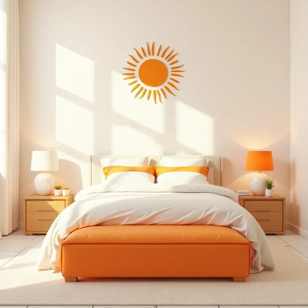 a photo of a cheerful orange and white bedroom with sun motifs