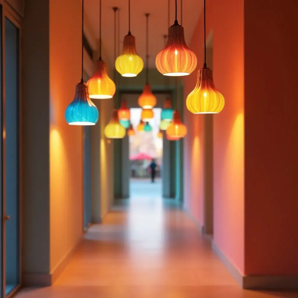 a photo of a bright corridor showcasing colorful pendant lights