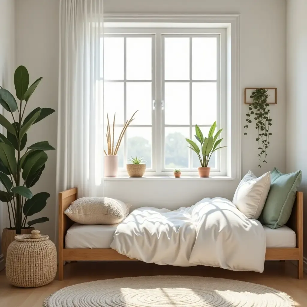 a photo of a bright and airy bedroom for kids with plants and minimal decor