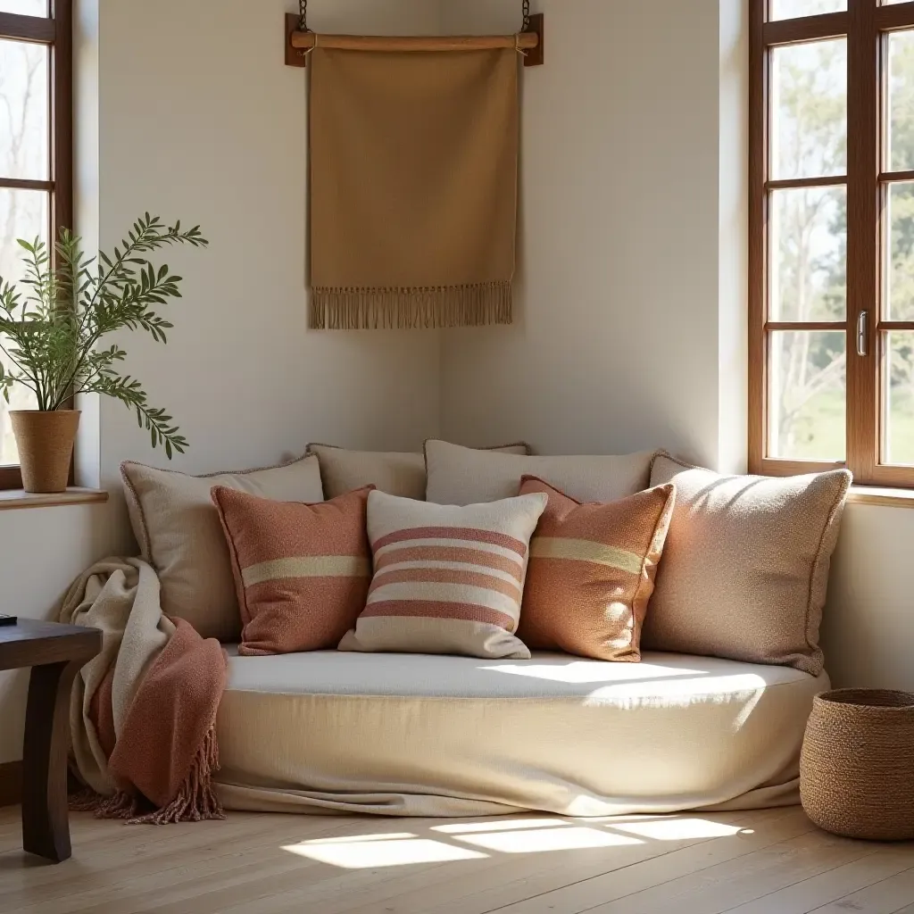 a photo of a cozy corner with Mediterranean-style pillows and throws