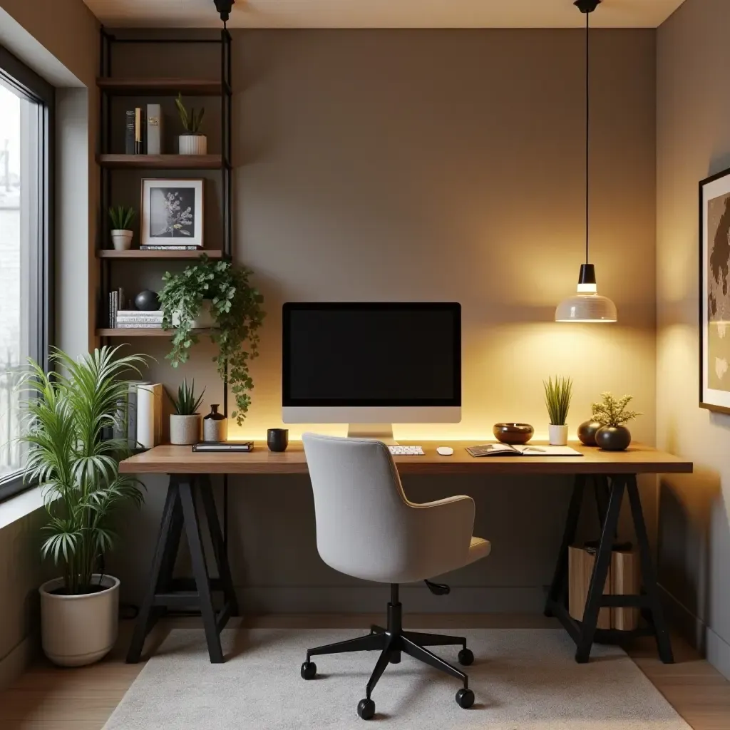 a photo of a basement office with metallic desk accessories