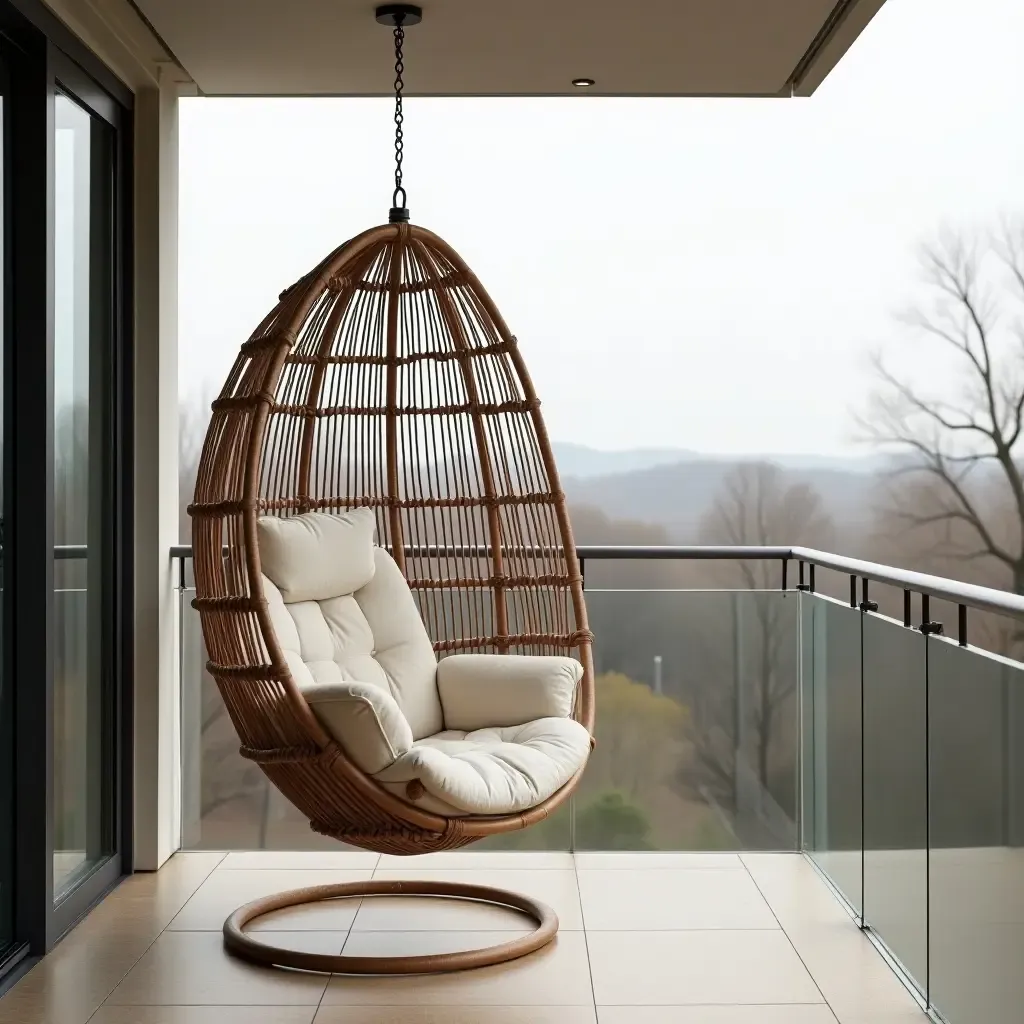 a photo of a chic pod chair hanging from a modern balcony