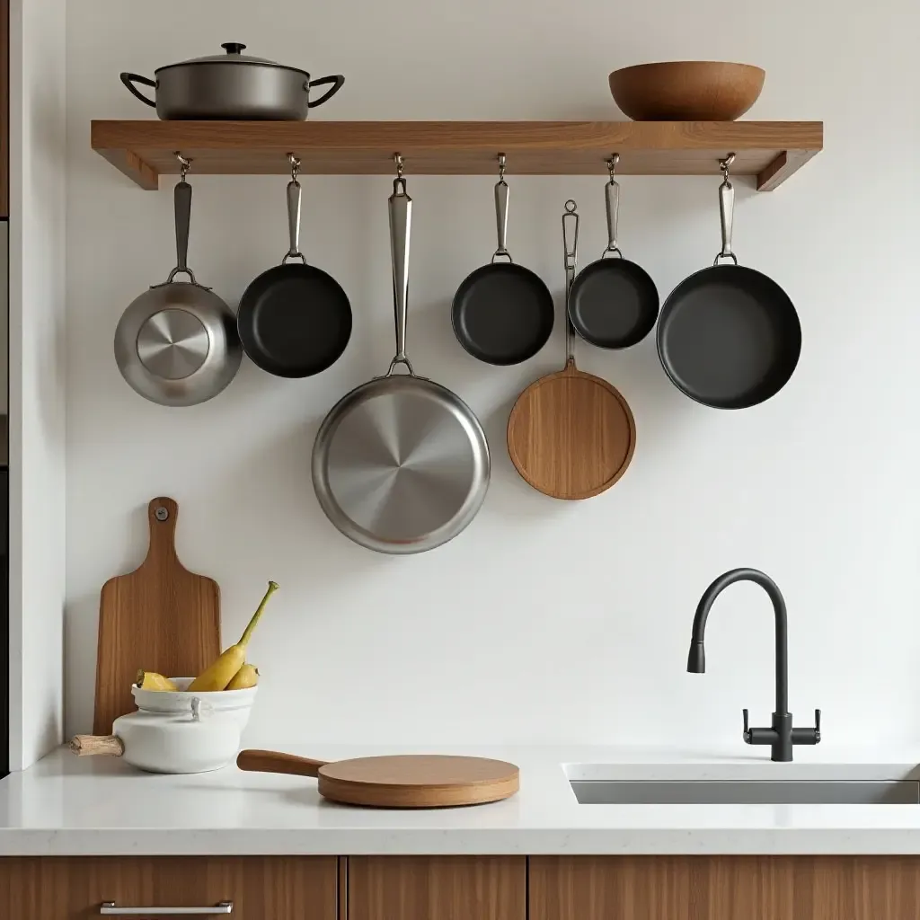 a photo of a wooden pot rack hanging over an island