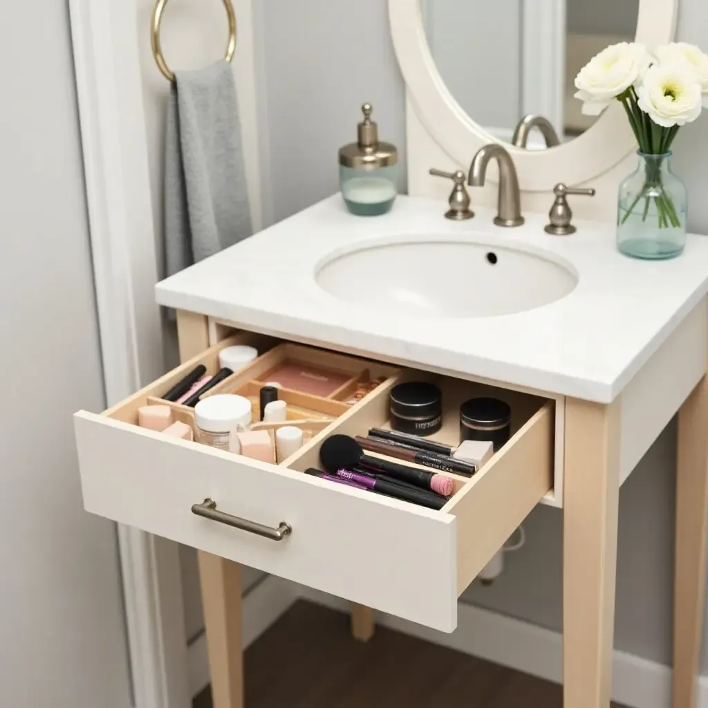 a photo of a functional vanity with a pull-out makeup organizer and mirror