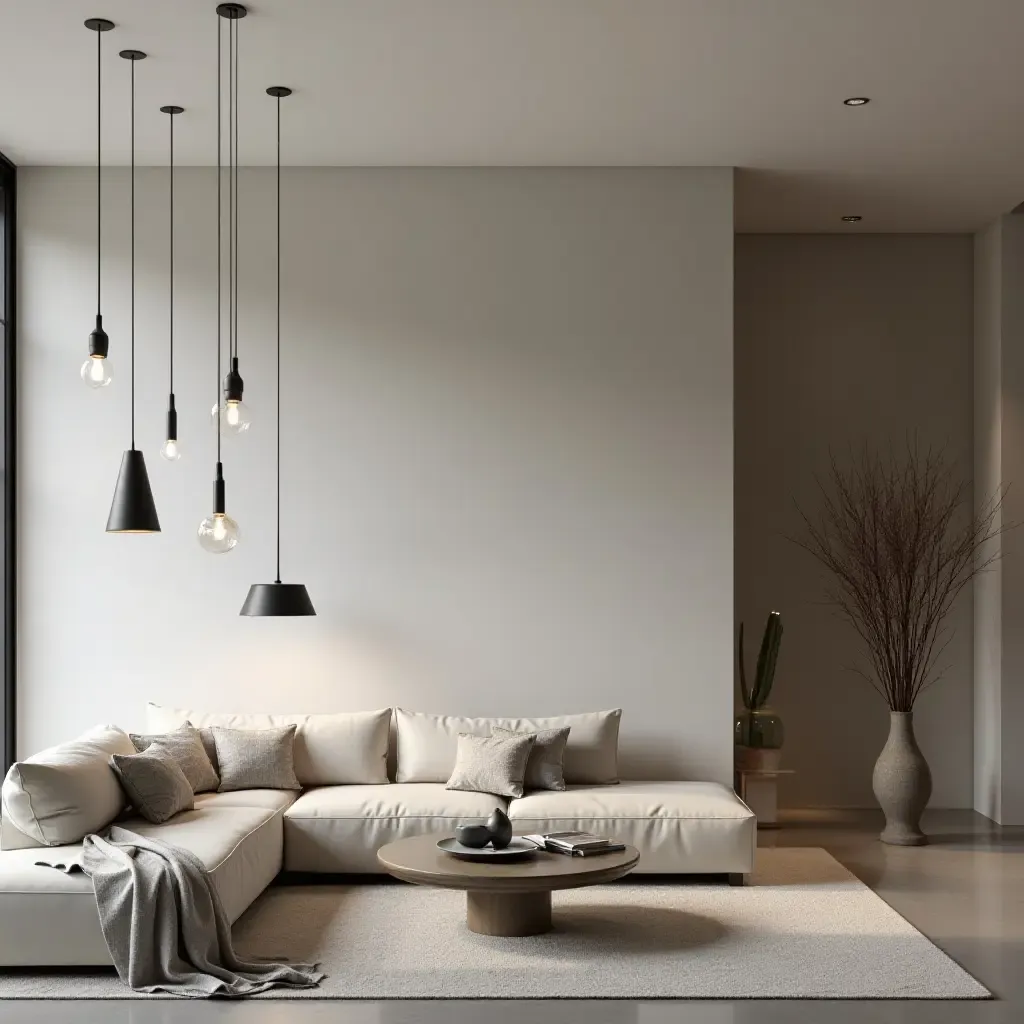 a photo of a sleek living room with pendant lights matching a monochromatic color scheme