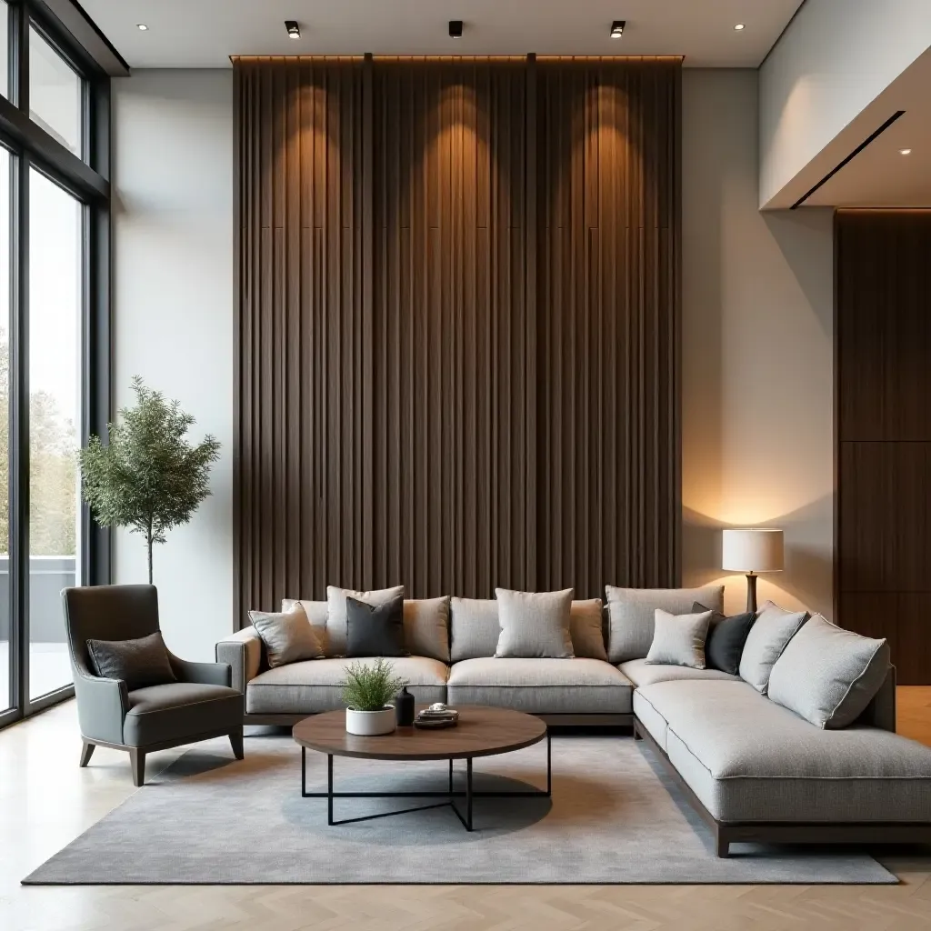 a photo of a unique living room featuring a metal and wood accent wall