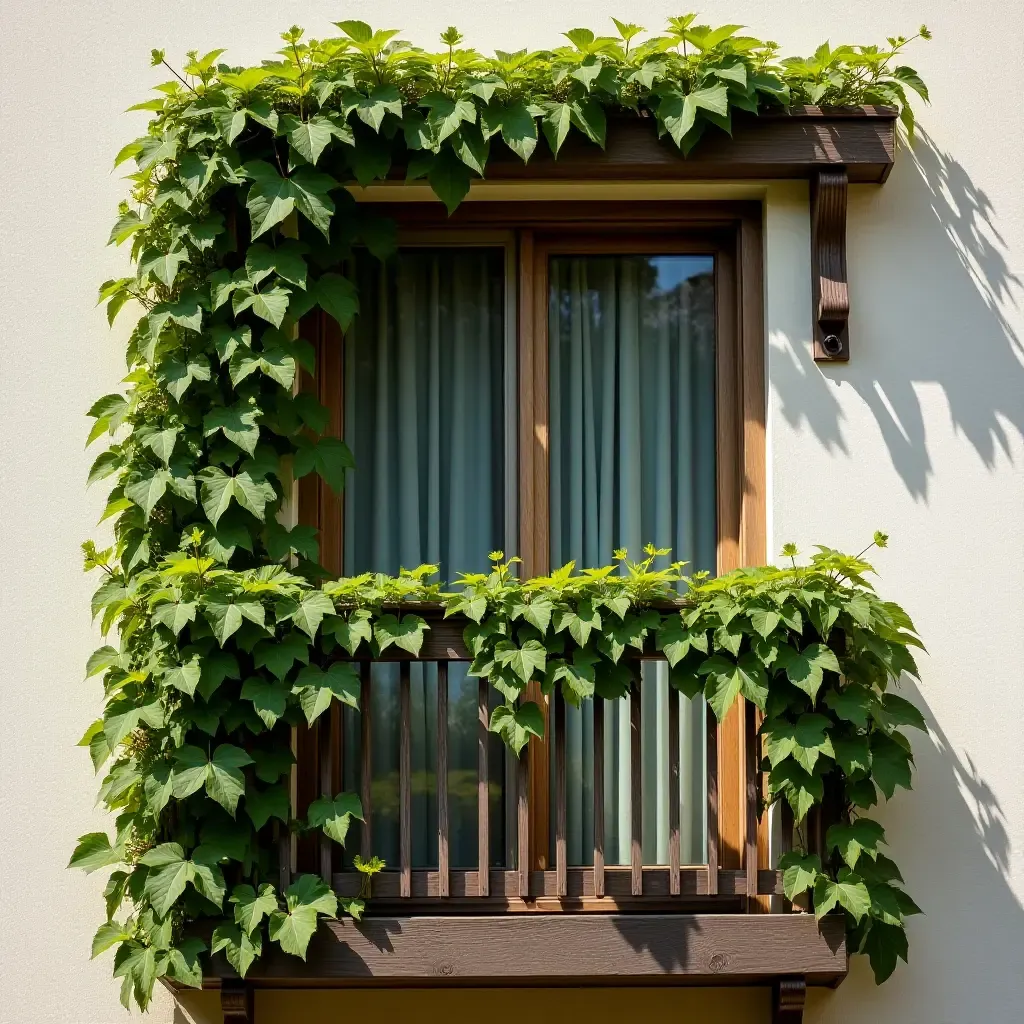 a photo of a balcony featuring a wooden trellis and climbing vines