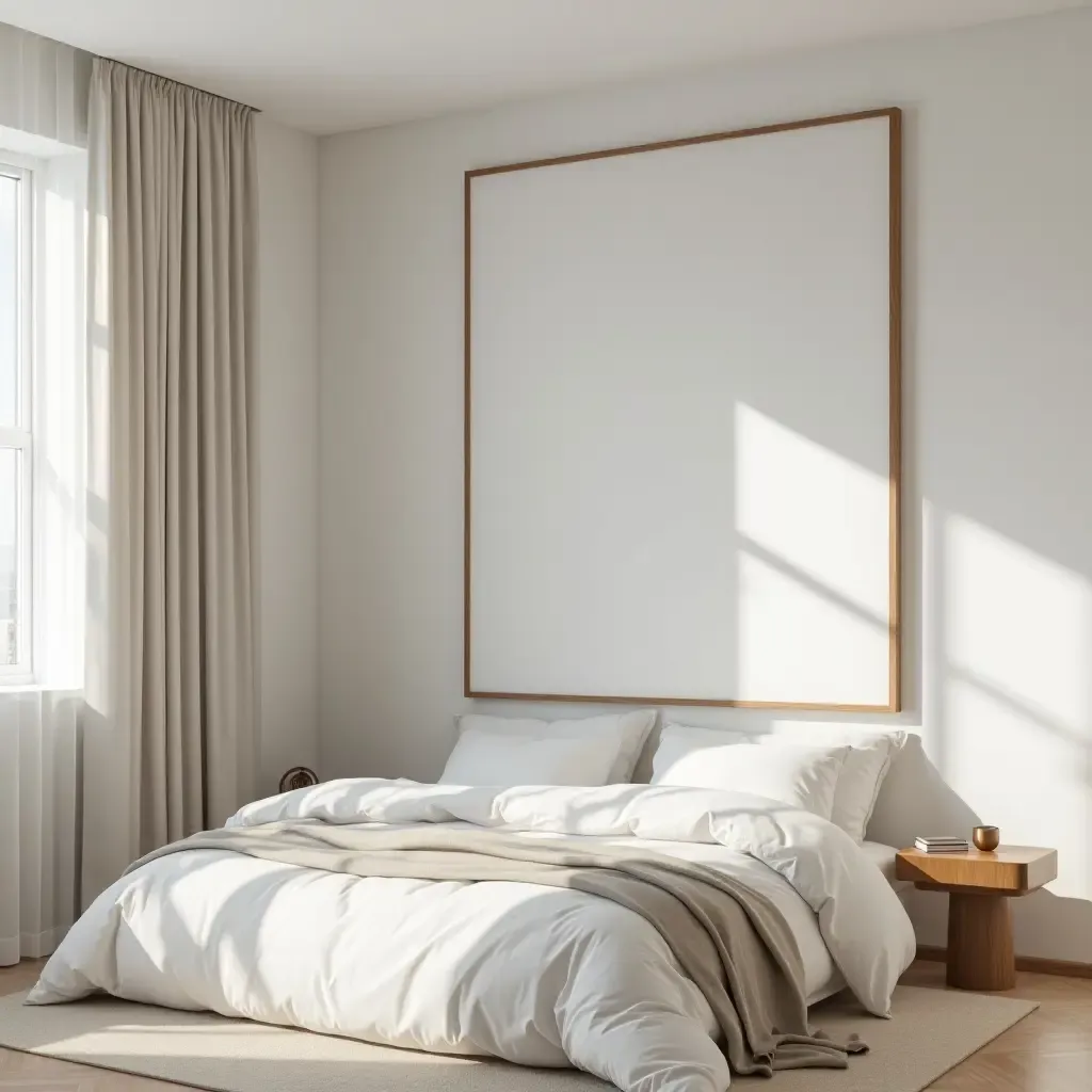 a photo of a minimalist bedroom with a large floor mirror