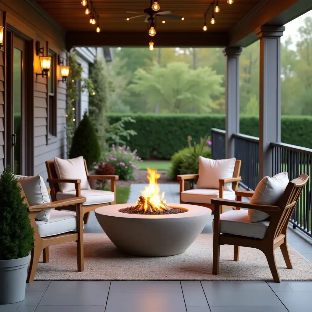 a photo of a cozy fire pit surrounded by seating on a spring porch