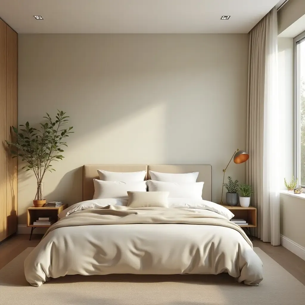 a photo of a serene nature-themed bedroom with soft colors