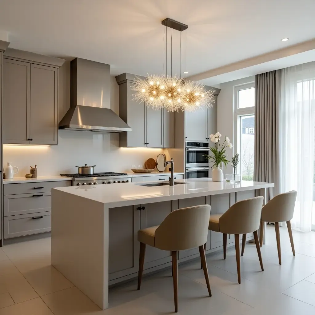 a photo of a modern kitchen with a sparkling chandelier and sleek cabinetry