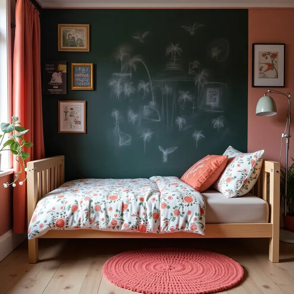 a photo of a colorful teen bedroom with a chalkboard wall for creativity