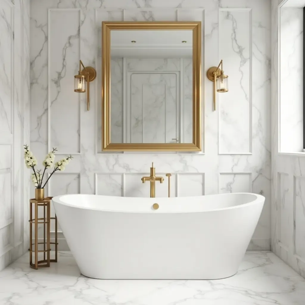 a photo of a luxurious marble bathroom with elegant gold fixtures